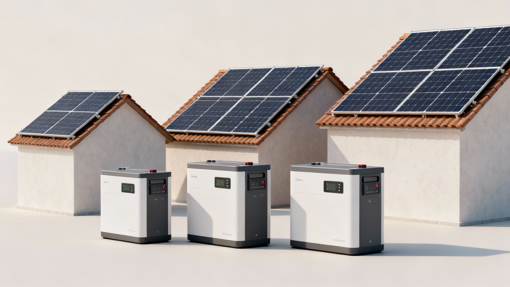 Zonnepanelen met thuisbatterij: de complete gids 4 Drie huizen met zonnepanelen op het dak en thuisbatterijen ervoor, voor duurzame energieopslag.