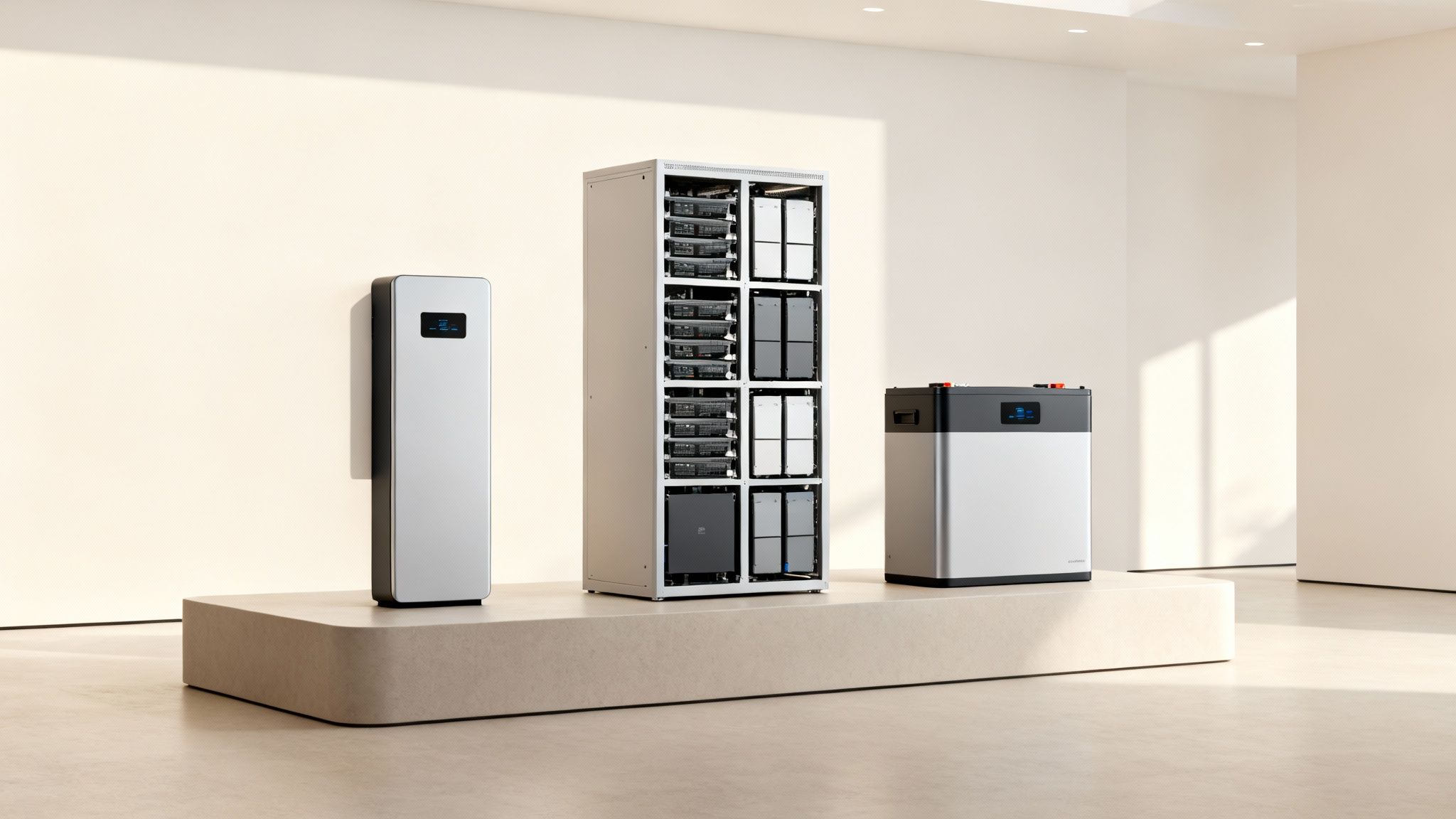 Drie moderne thuisbatterijen en energieopslagsystemen op een verhoogd platform in een lichte ruimte.
