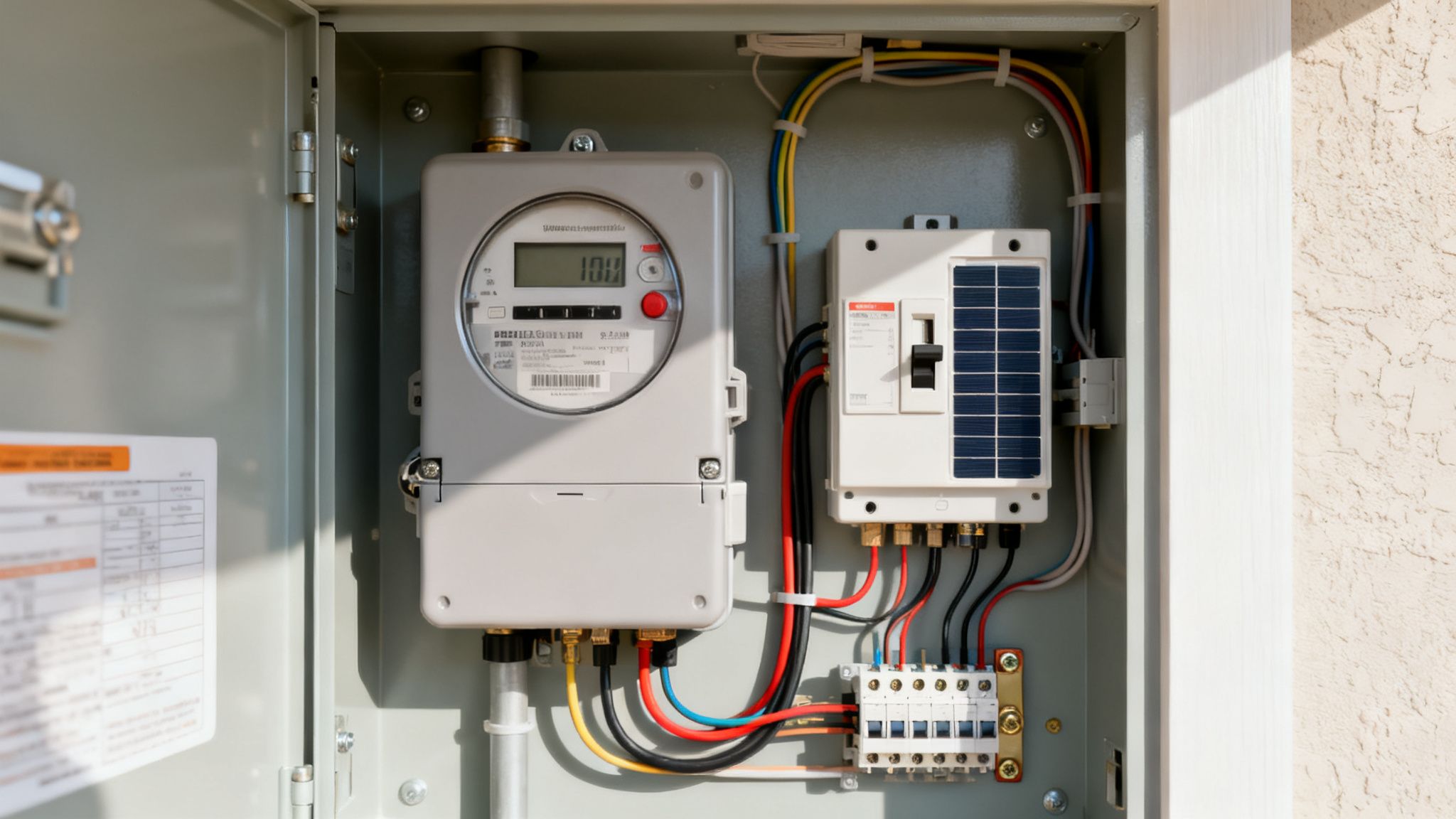 Aansluiting meterkast zonnepanelen: Alles over de installatie 2 Gedetailleerde weergave van een meterkast met digitale energiemeter en aansluiting voor zonnepanelen.