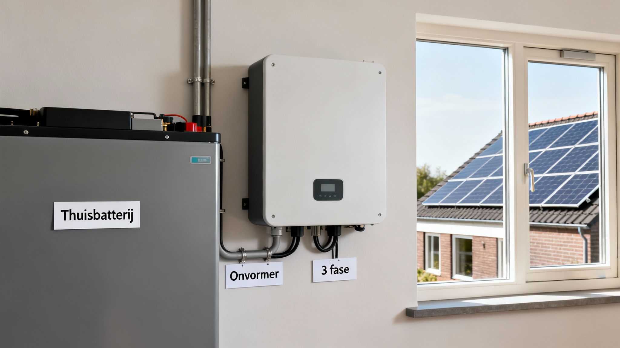 Thuisbatterij en omvormer voor zonnepanelen in een woning, met uitzicht op een dak met zonnepanelen.