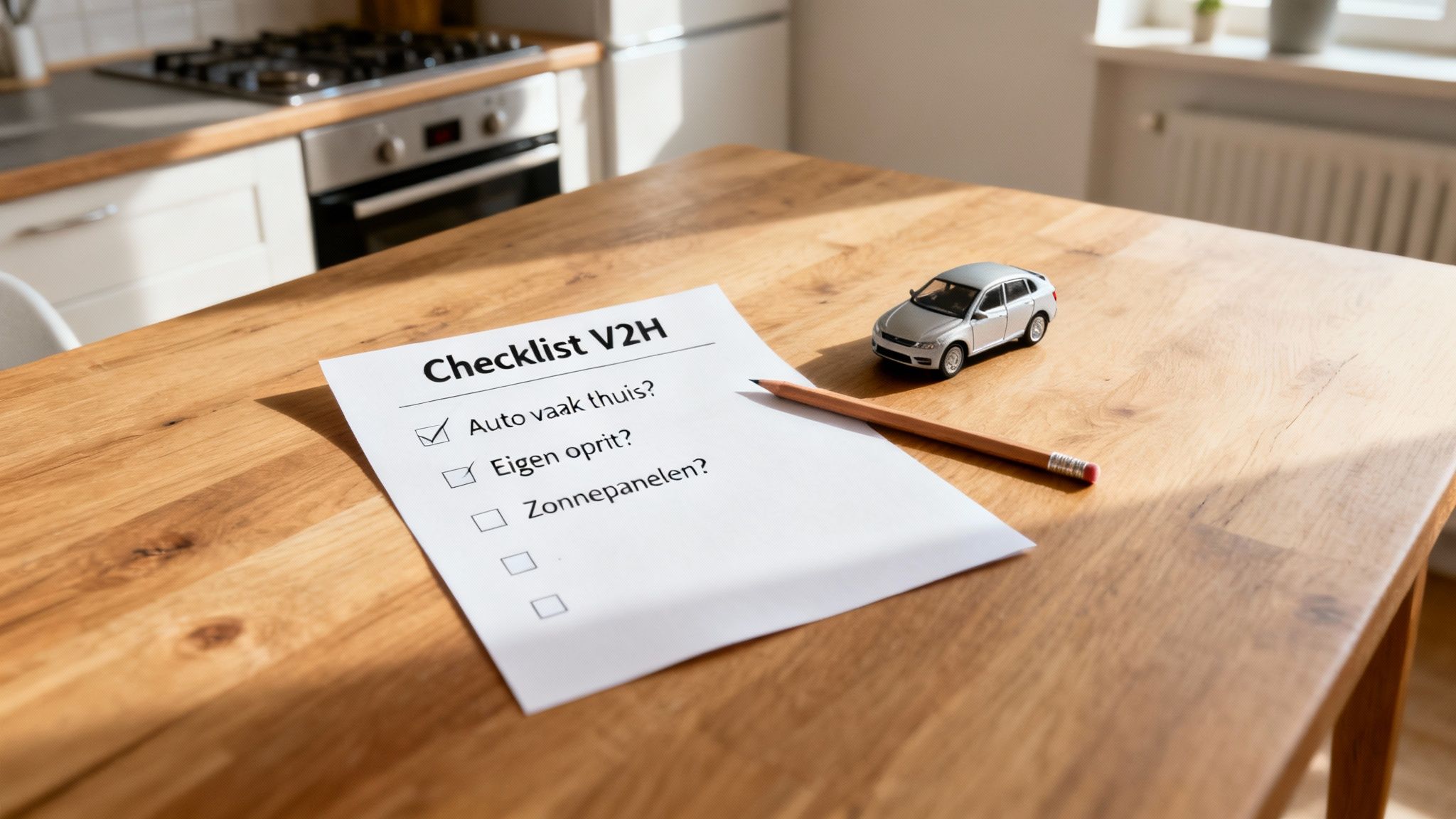 Je auto als thuisbatterij gebruiken: een complete gids 4 Een checklist voor V2H (Vehicle-to-Home) ligt op een houten tafel, naast een speelgoedauto en potlood, in een zonnige kamer.