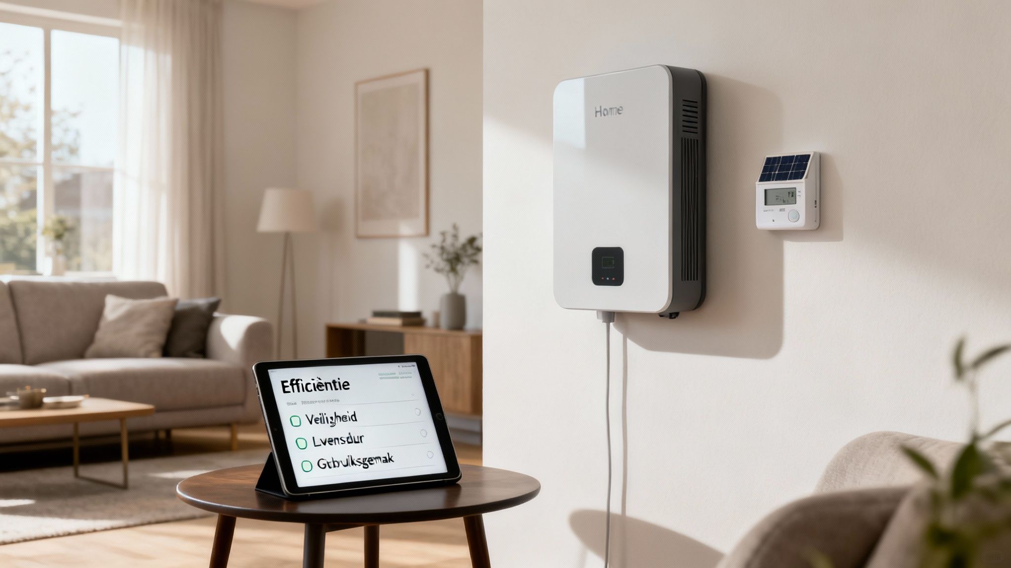 Beste thuisbatterij volgens de Consumentenbond: Onafhankelijke criteria voor uw keuze 2 Moderne woonkamer met een tablet die energie-efficiëntie-opties toont naast een thuisbatterij systeem aan de muur.