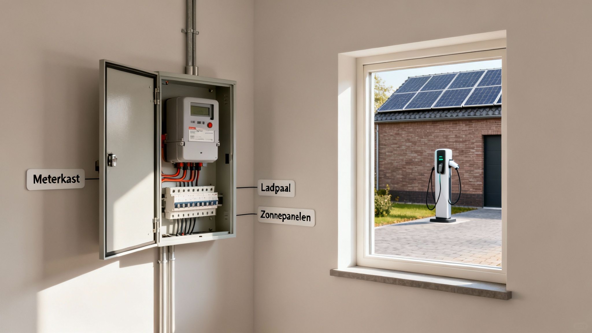 Een meterkast met slimme meter en zekeringen, met buiten zonnepanelen op een dak en een laadpaal.