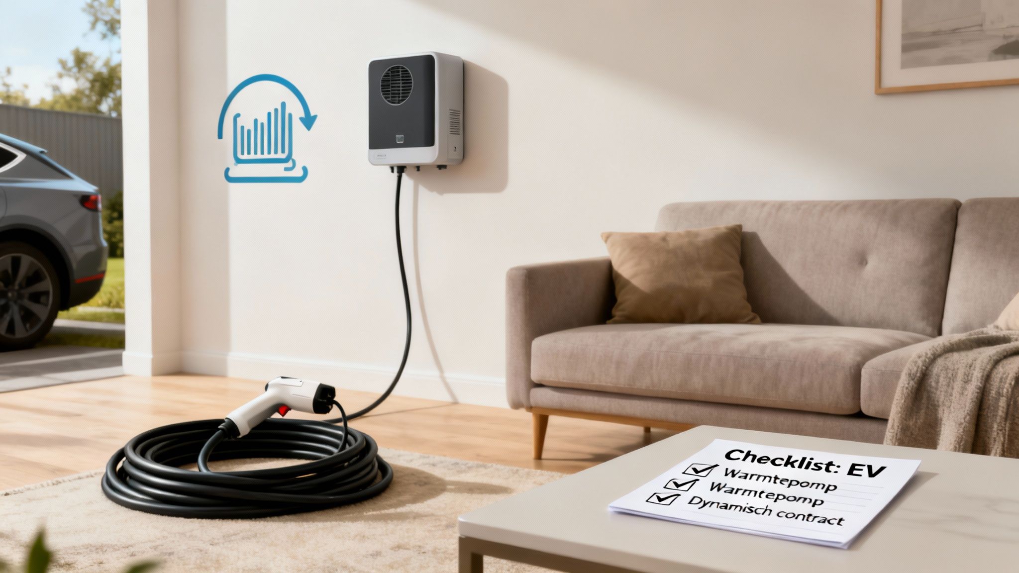 Interieur met een EV-laadstation aan de muur, een opgerolde laadkabel en een checklist voor elektrische voertuigen op tafel.