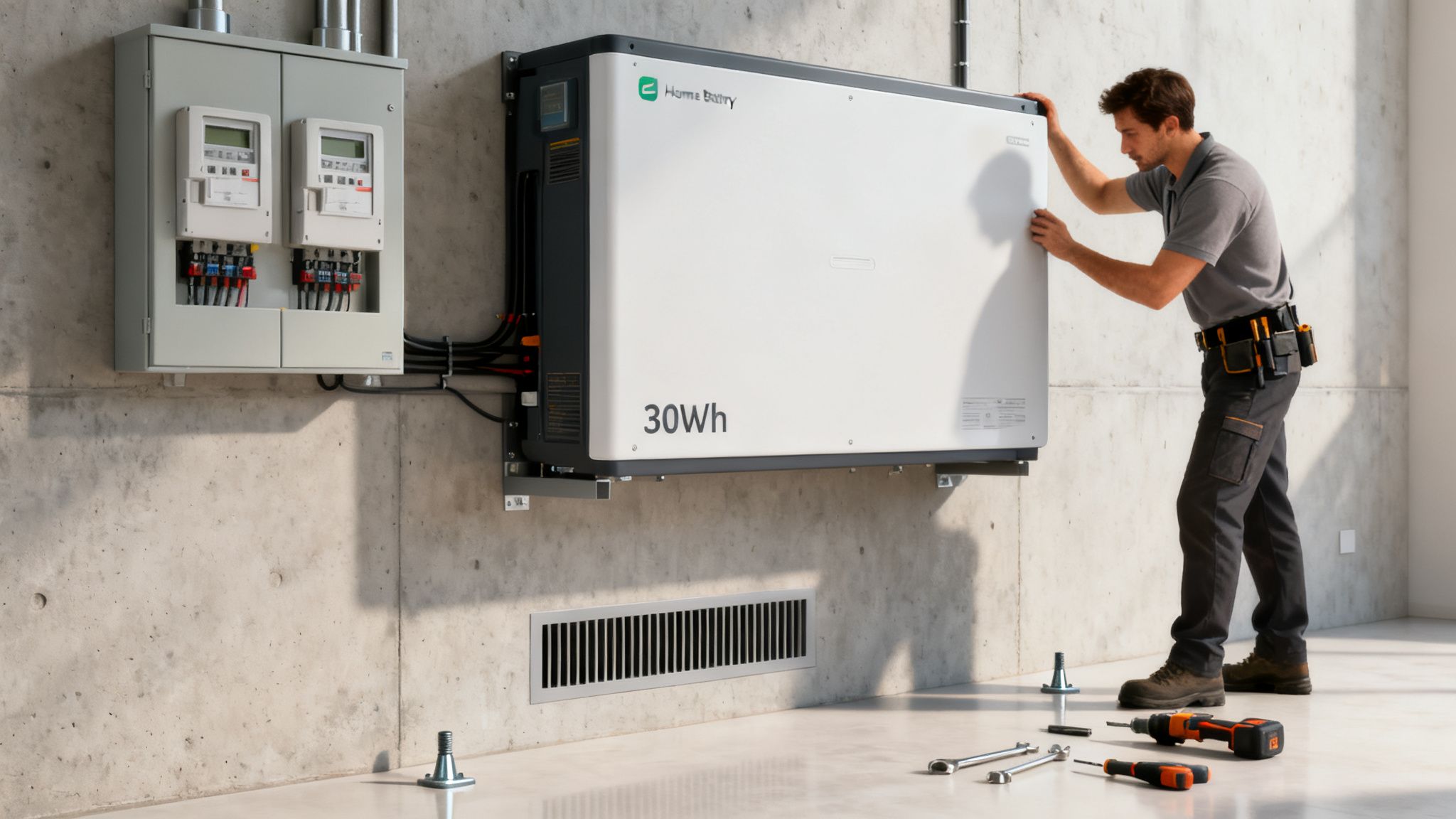 Een monteur installeert een 30 kWh thuisbatterij aan een betonnen wand naast een meterkast.