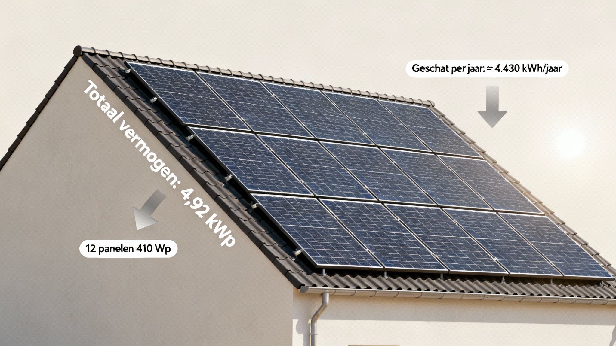 Zonnepanelen op het dak van een huis met informatie over totaal vermogen en geschatte jaarlijkse opbrengst.