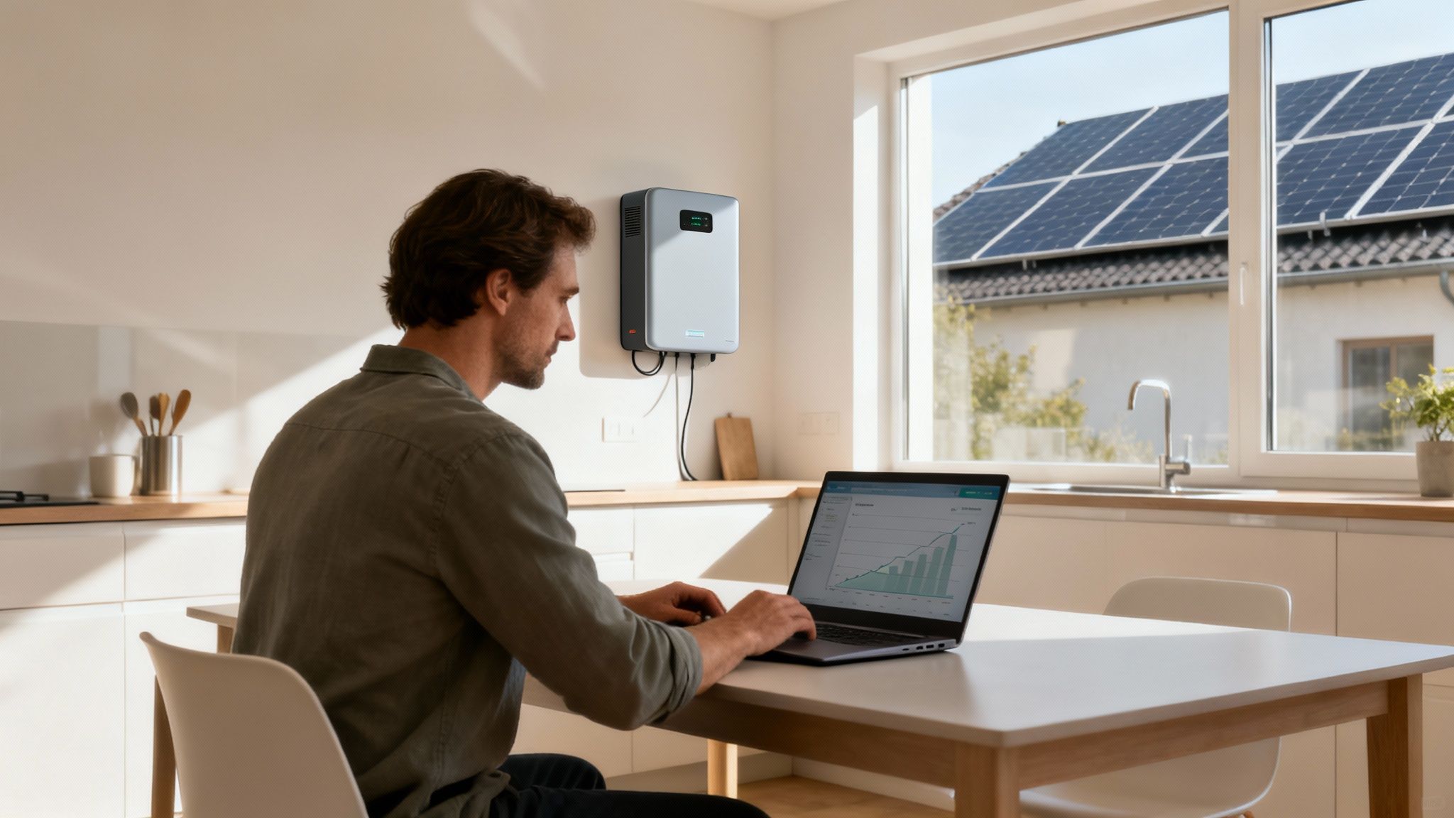 Man bekijkt gegevens op laptop in keuken, met thuisbatterij aan de muur en zonnepanelen buiten.