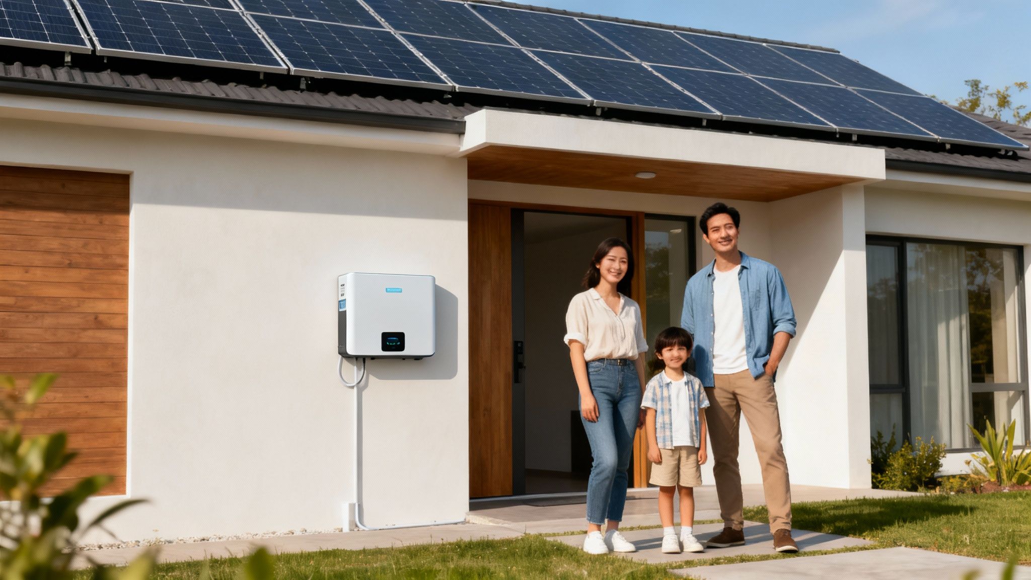 Een gezin staat voor hun moderne huis met zonnepanelen op het dak en een thuisbatterij aan de muur.