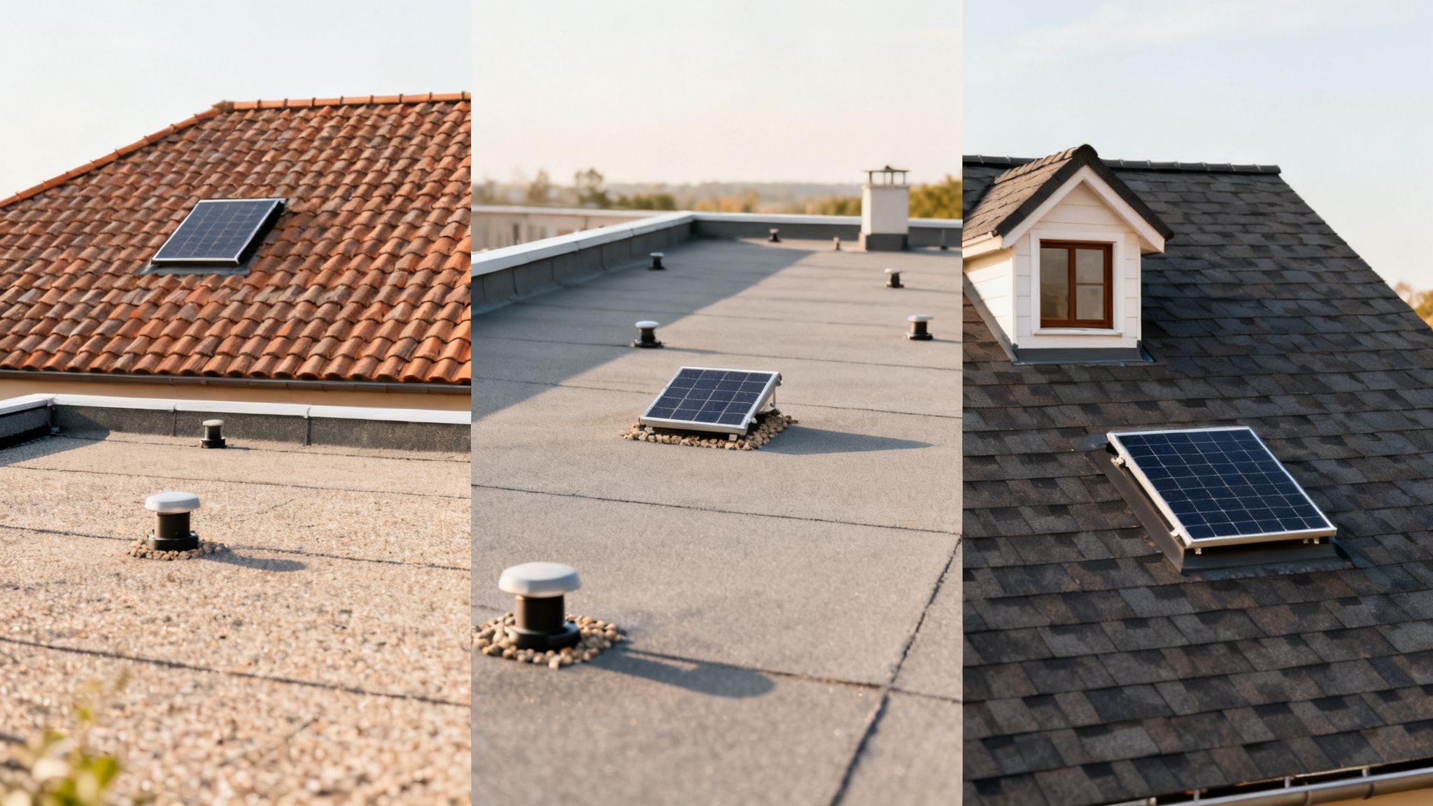 Drie verschillende soorten daken met zonnepanelen en ventilatieopeningen, die diverse installatiemogelijkheden tonen.