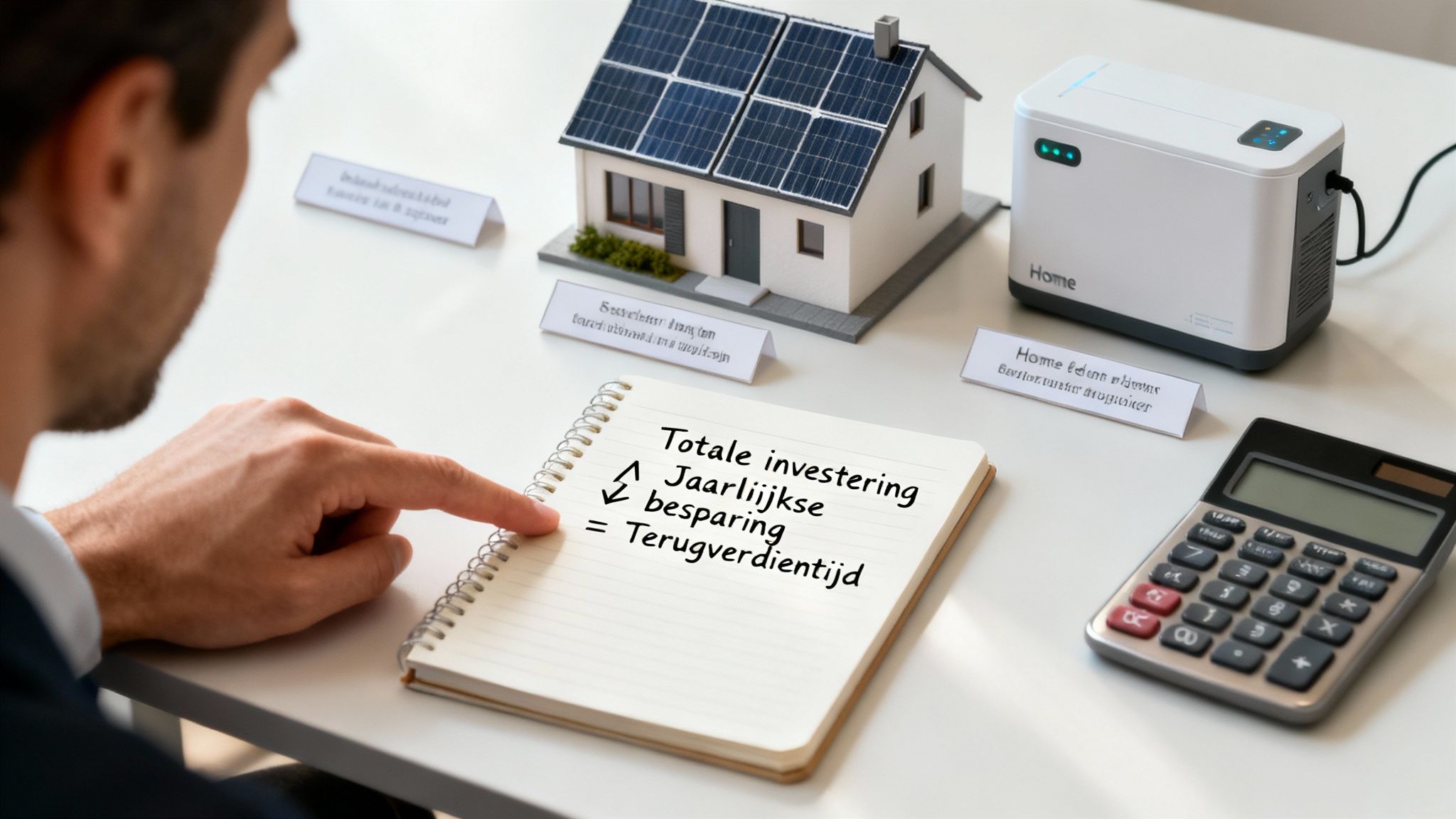 Een man wijst naar een notitieboekje met een berekening van de terugverdientijd voor zonne-energie, naast een huismodel en thuisbatterij.