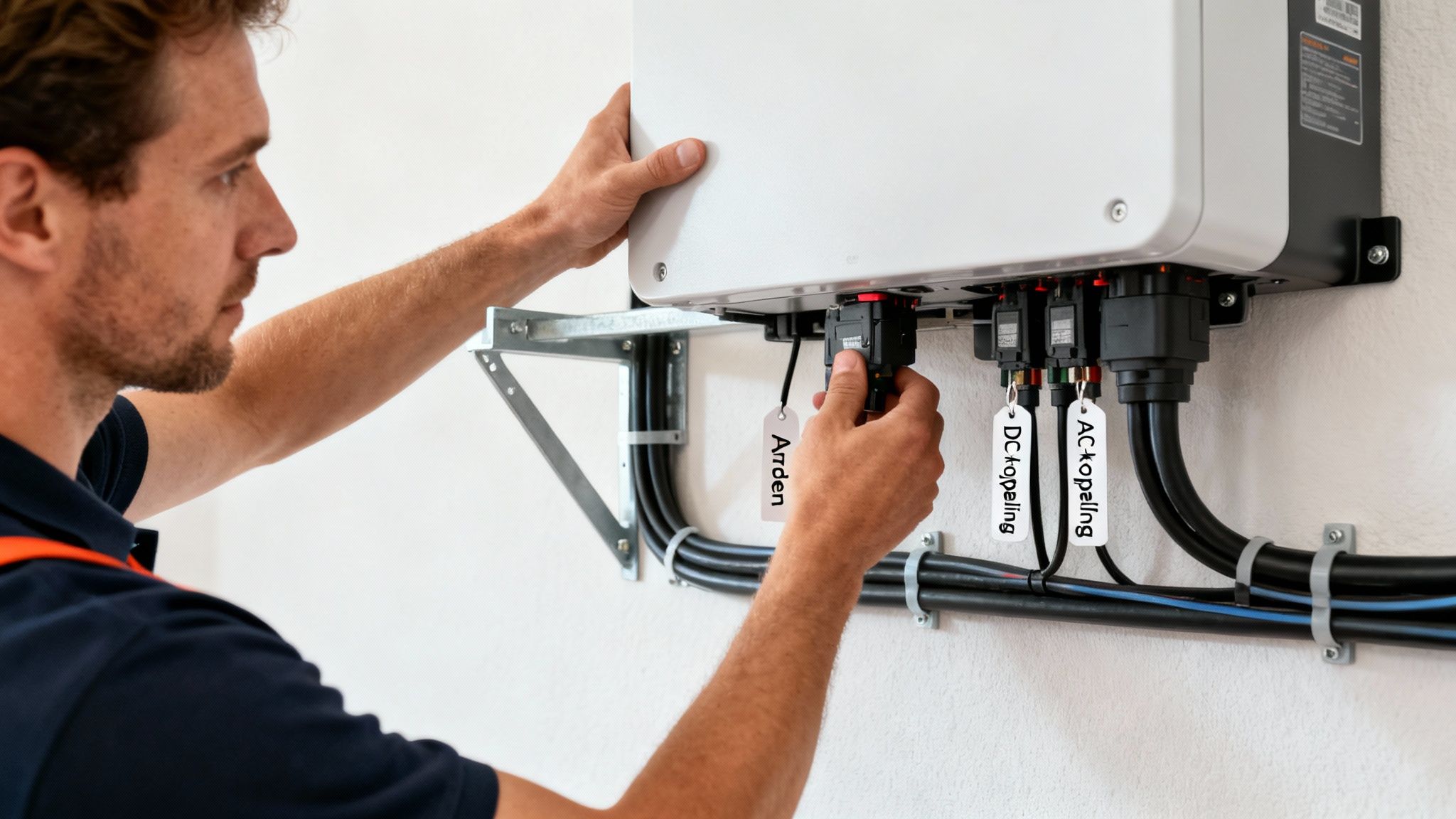 Een installateur sluit kabels aan op een thuisbatterij of omvormer, gelabeld met Aarden, DC-koppeling en AC-koppeling.