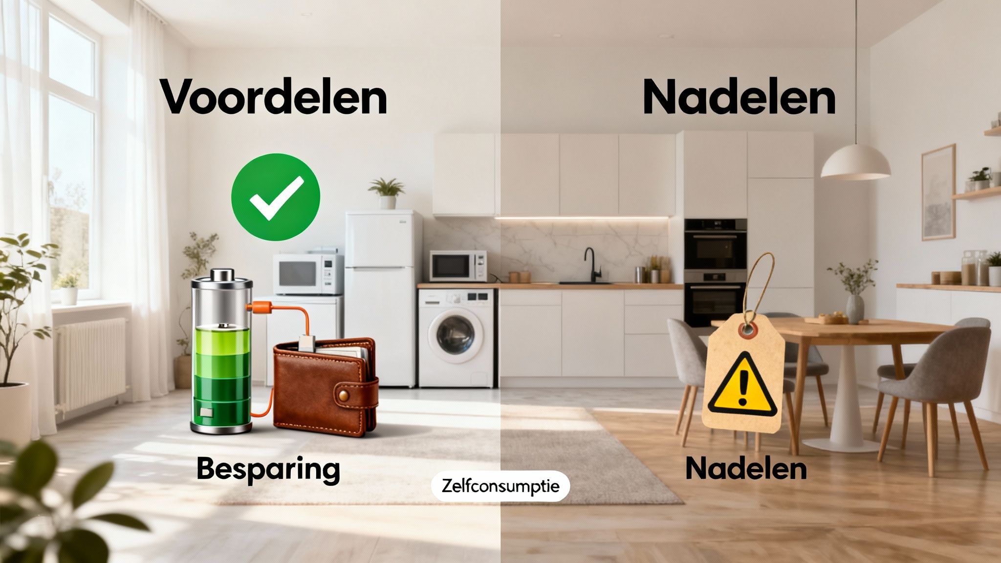 Zonnepanelen met accu: een complete gids voor thuisopslag 3 Illustratie van de voordelen (besparing via accu) en nadelen (waarschuwing) van energie-zelfconsumptie bij zonnepanelen met accu.