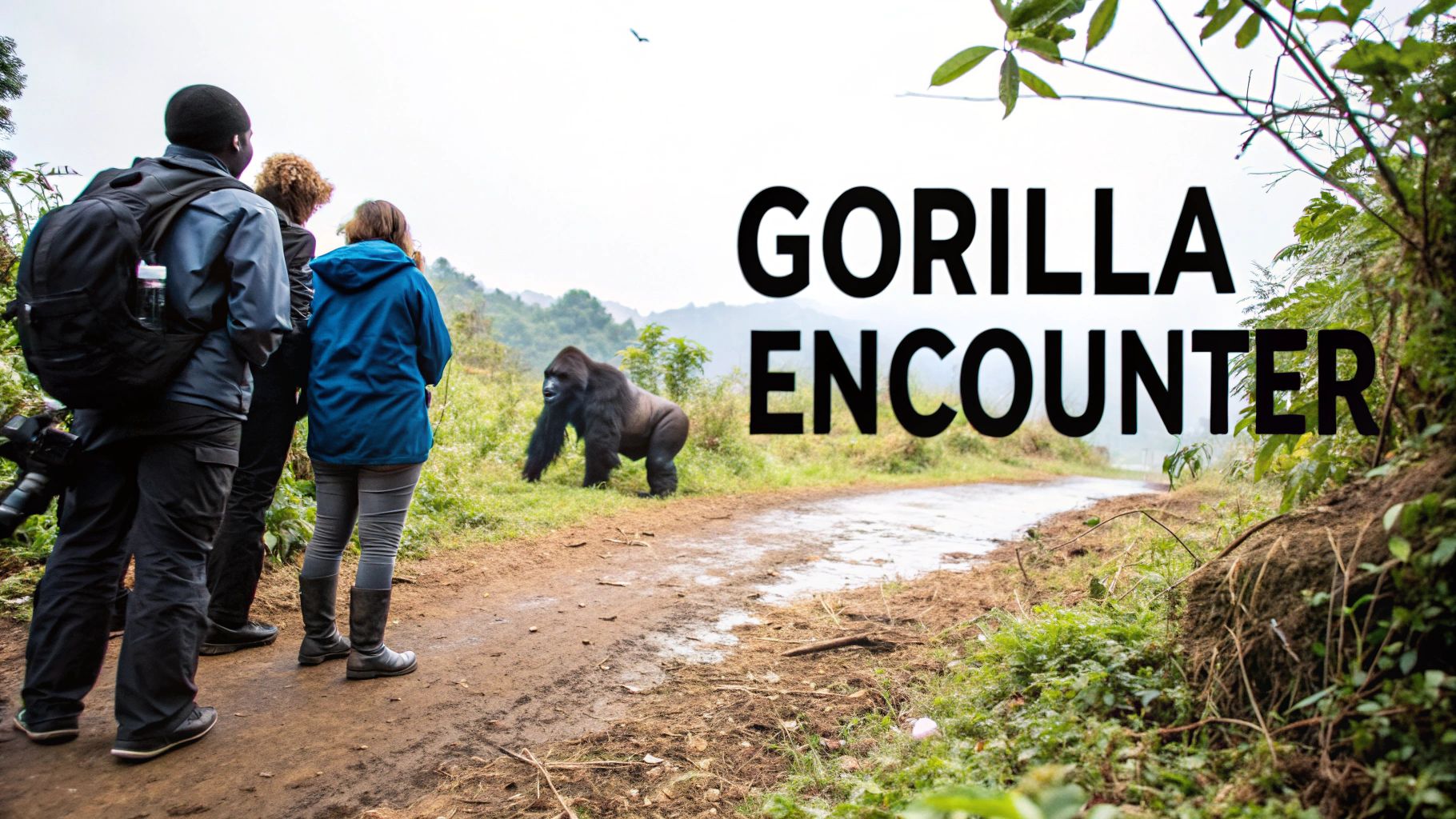 A gorilla family in the lush green forest during a gorilla trekking trip.