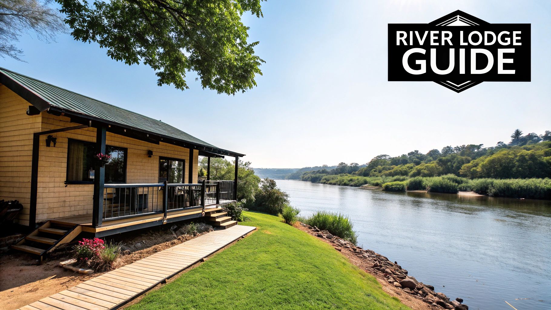A thatched-roof building at Murchison River Lodge overlooking the Nile River with lush green surroundings