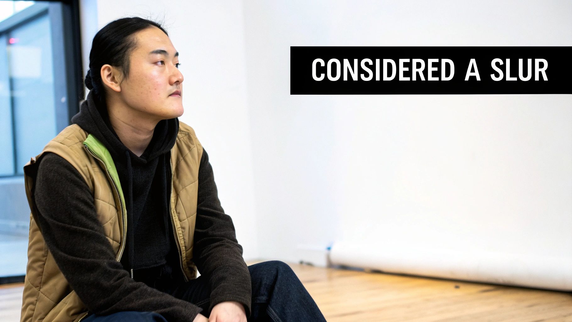 A colourful rug with intricate patterns, representing an object that might be described as oriental, in contrast to people.