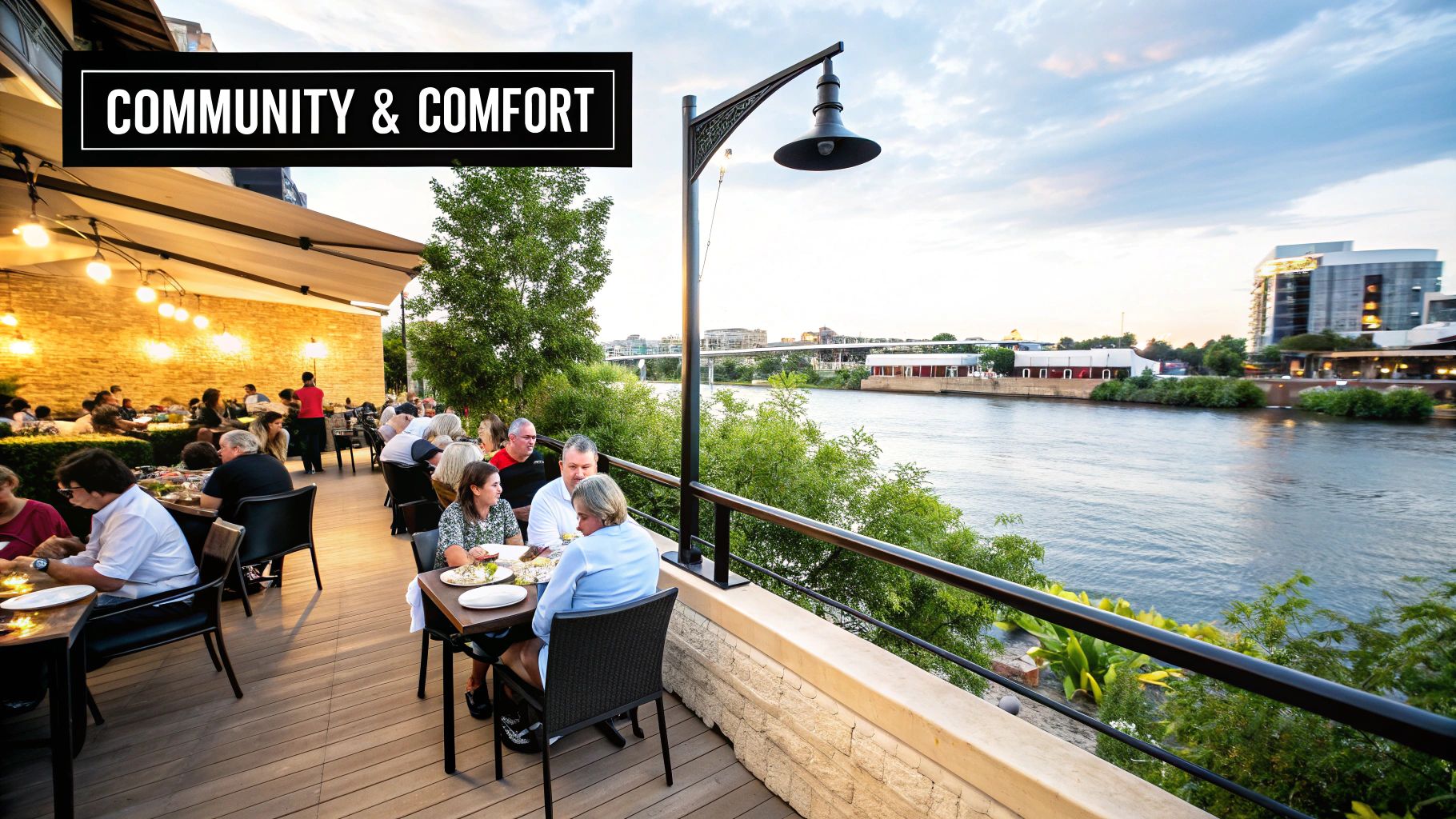 An open-air restaurant at Murchison River Lodge with a thatched roof, wooden furniture, and a view of the Nile River.
