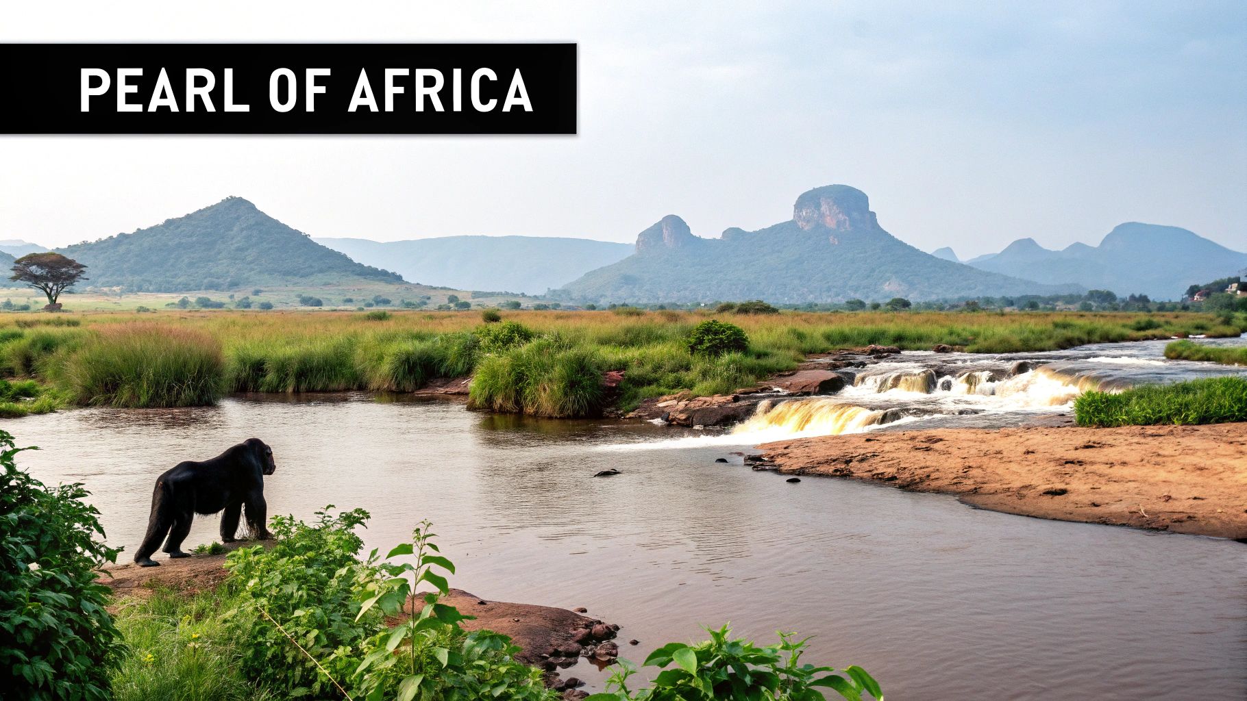 A scenic view of Murchison Falls in Uganda, showcasing the powerful waterfall and lush landscape.