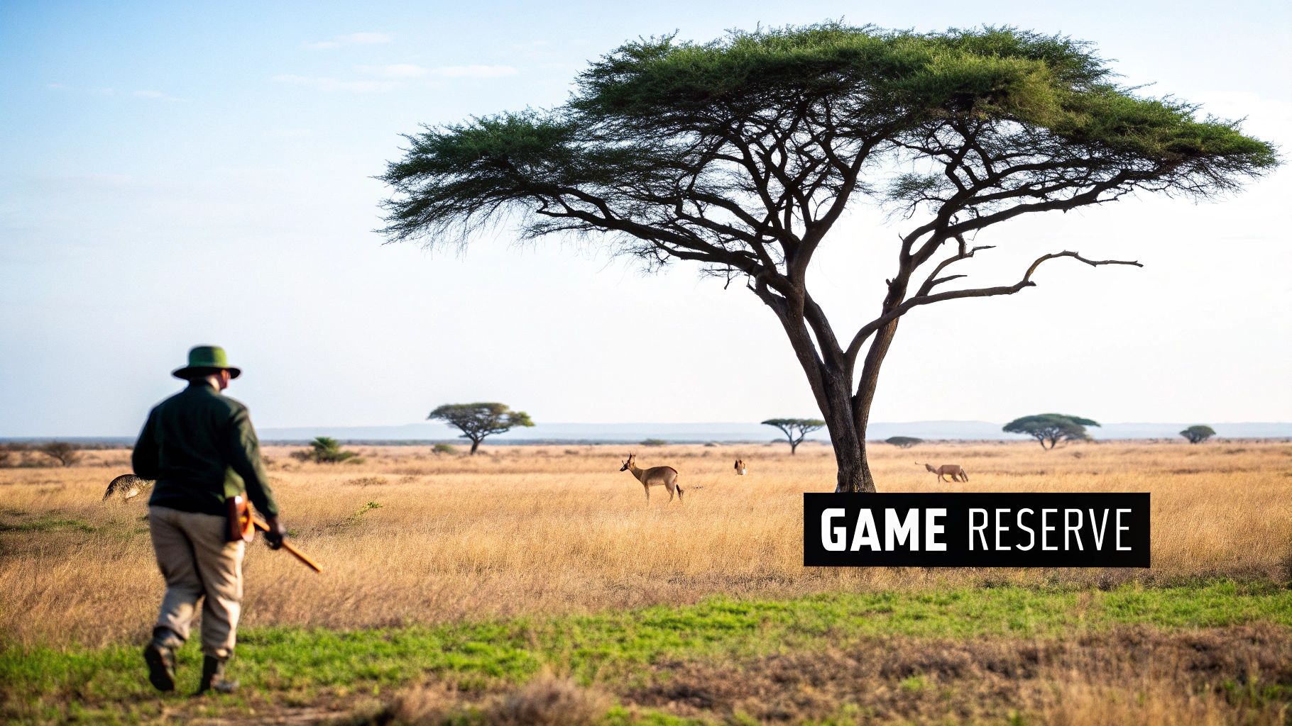 A majestic lion walking through tall, dry grass in an African game reserve