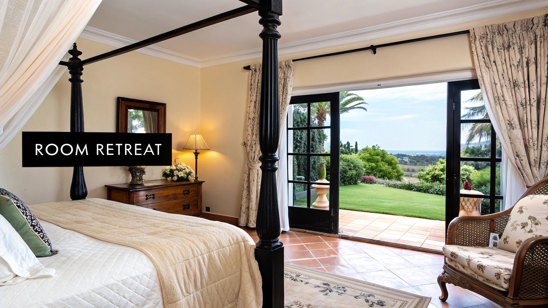 A tastefully decorated room at The Boma Guest House Entebbe featuring a four-poster bed and African fabrics
