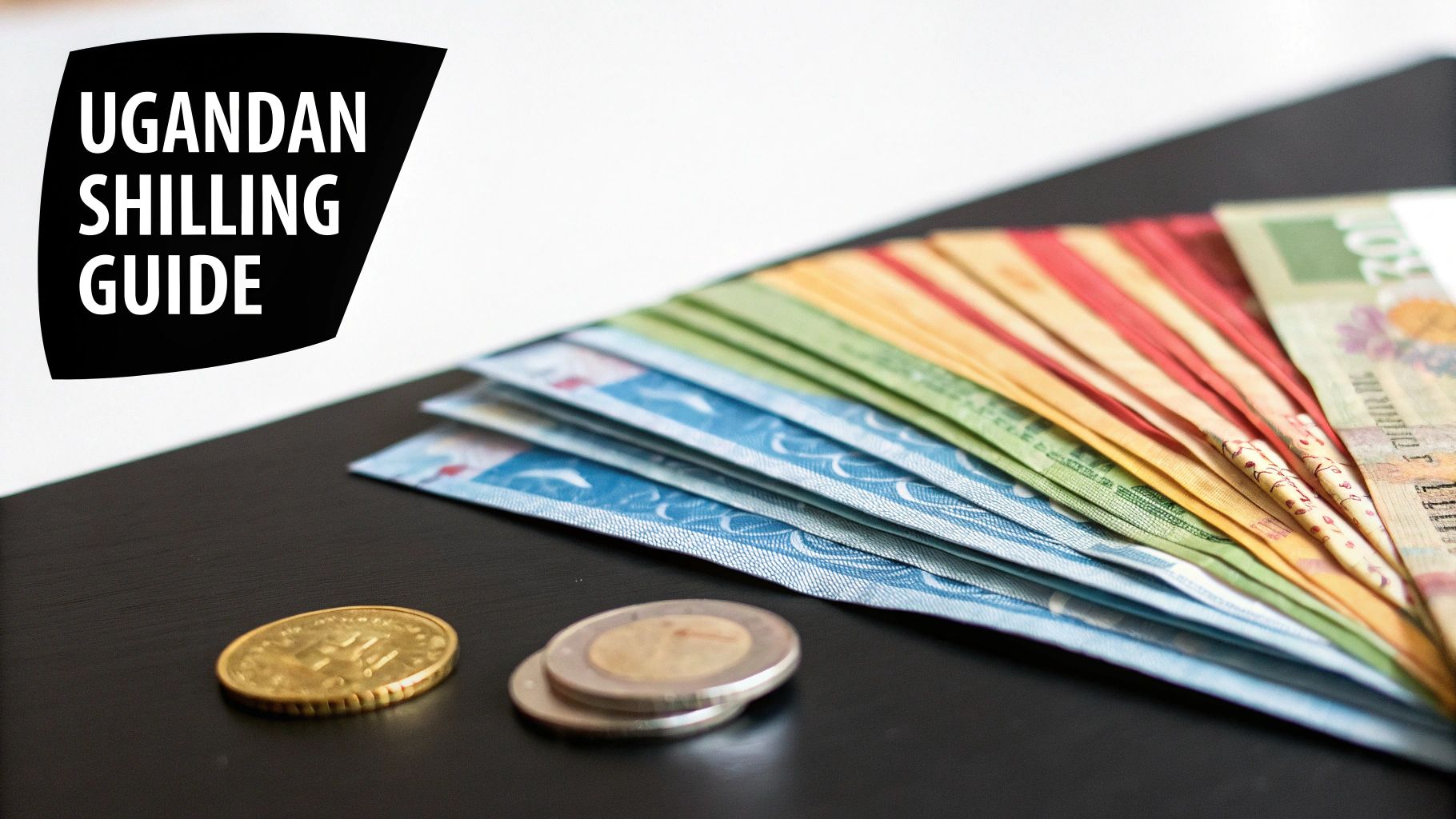 Close-up of various Ugandan Shilling banknotes and coins.