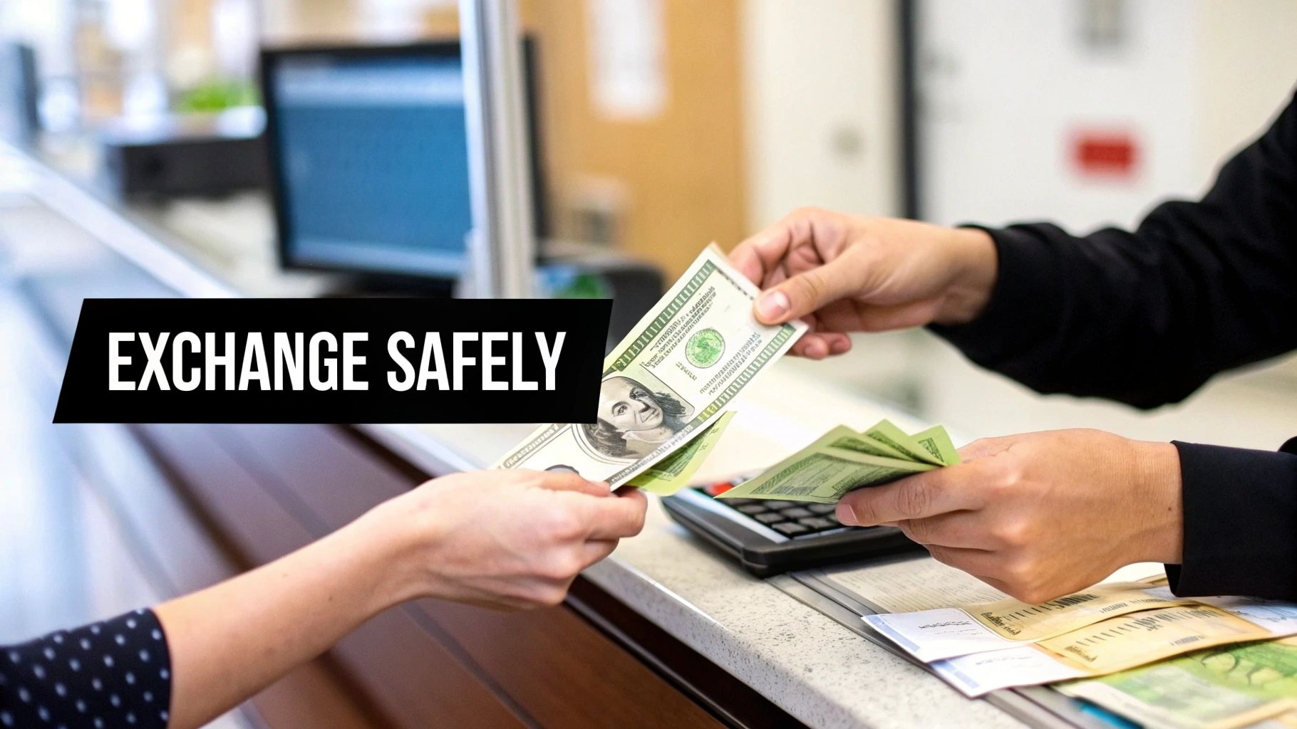 A traveler exchanging money at a forex bureau counter.