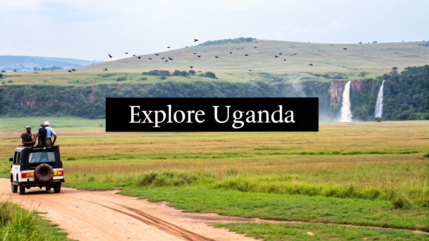 An elephant walking through the savannah with green hills in the background in Uganda.