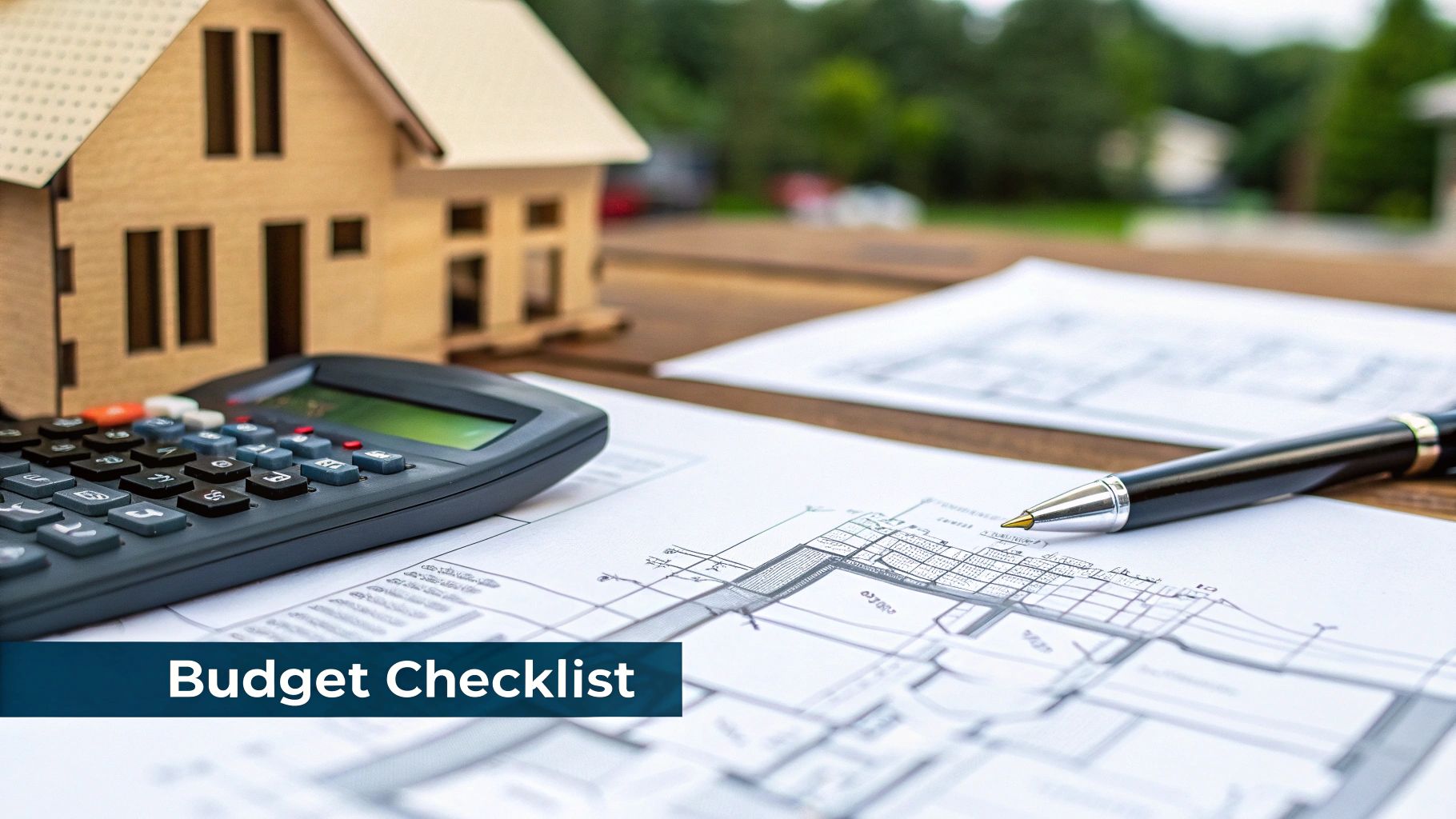 A calculator, pen, and house model on architectural blueprints with 'Budget Checklist' text overlay.