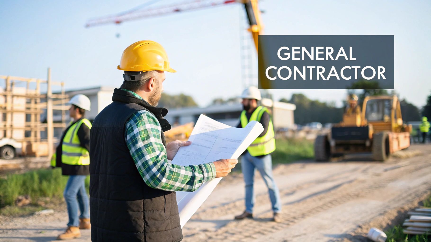 A general contractor in a hard hat reviews blueprints on a busy construction site.