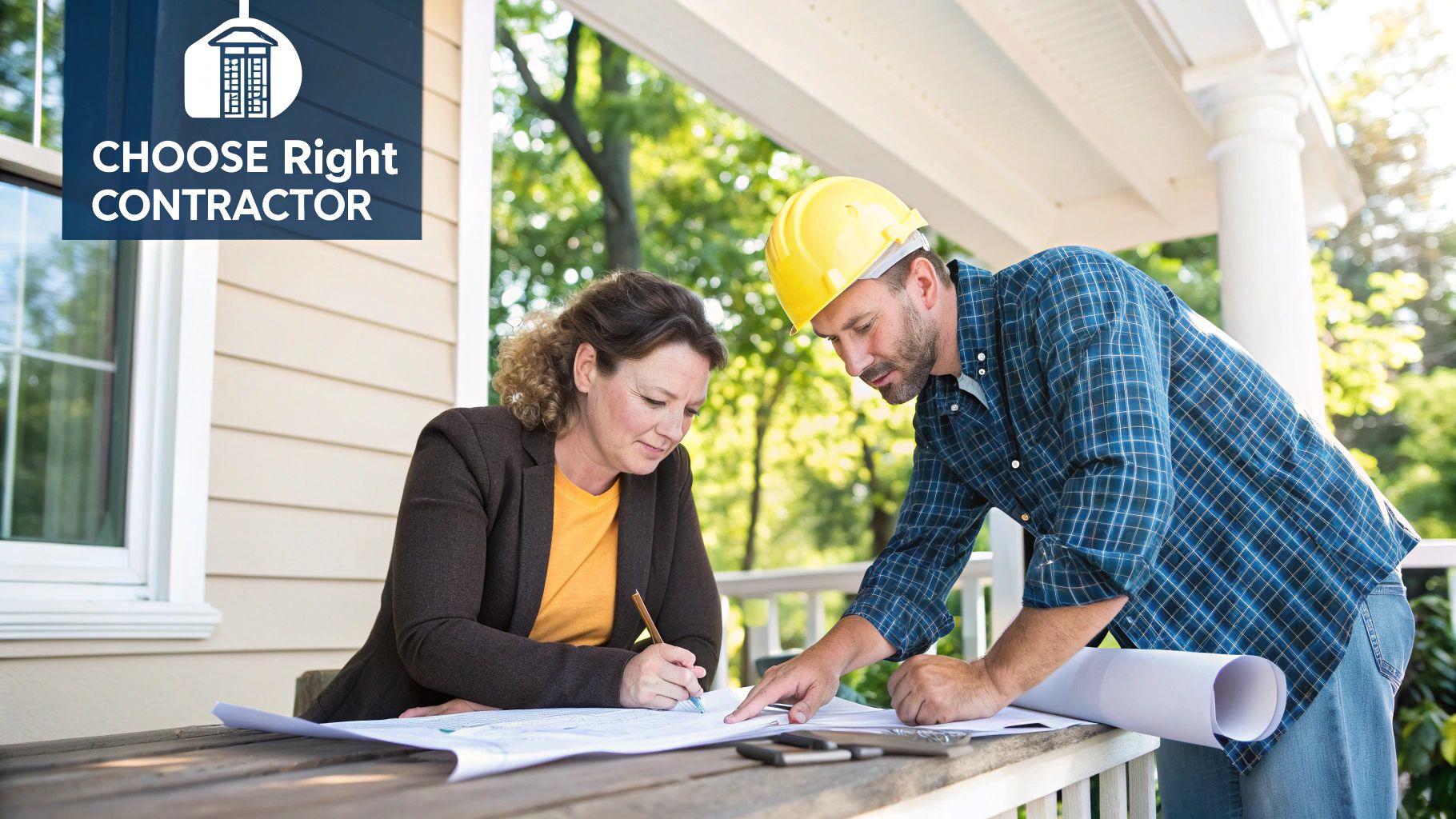 A female homeowner and a male contractor with a hard hat review blueprints on a sunny porch.