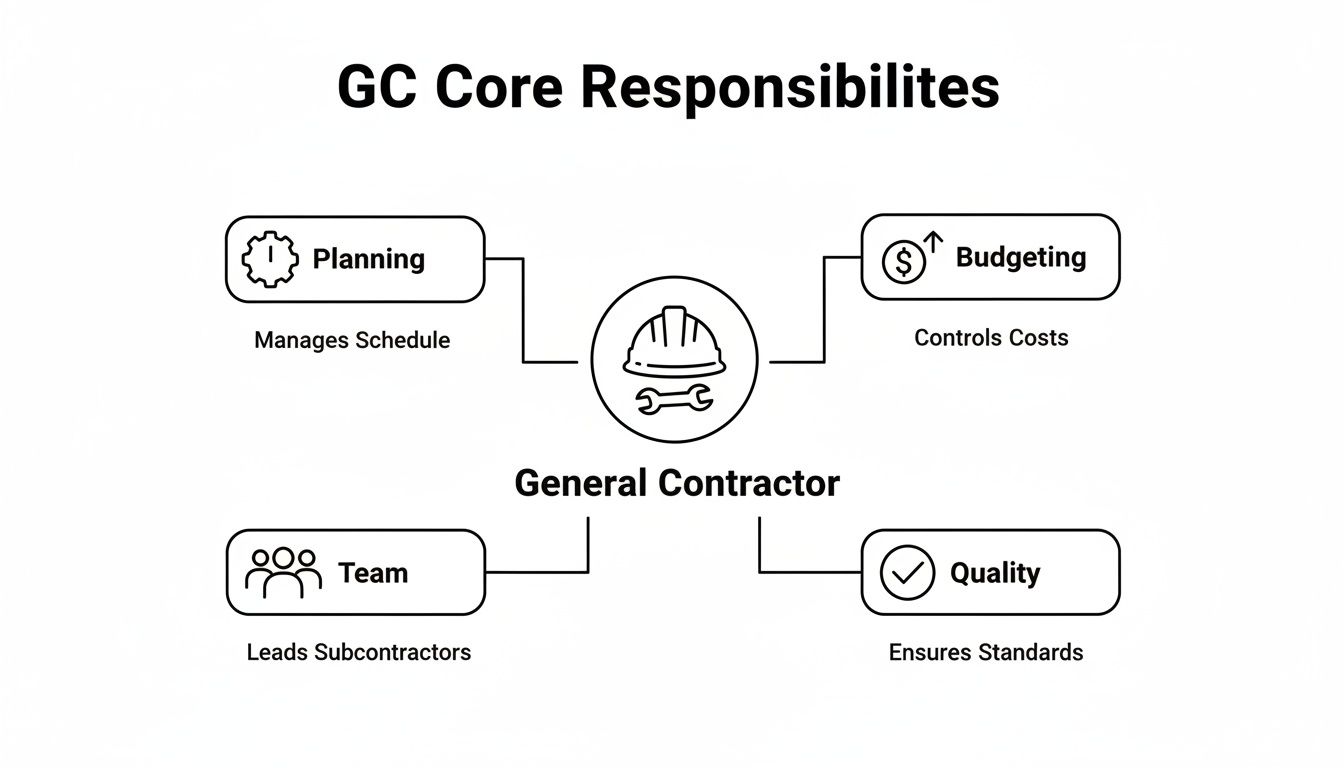 A diagram outlining the General Contractor's core responsibilities: Planning, Budgeting, Team, and Quality.
