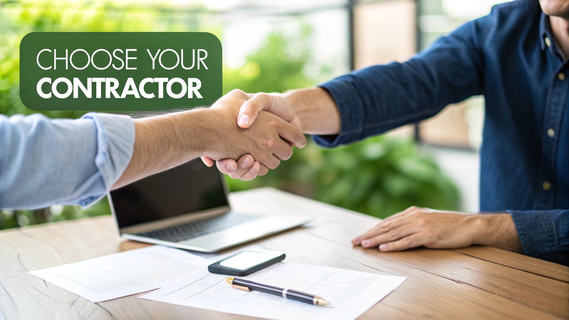 Two men shaking hands over a table with a laptop and documents, with text 'Choose Your Contractor'.