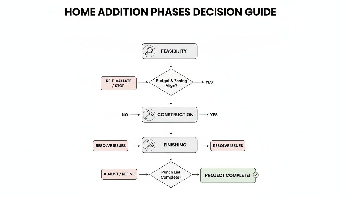 A clear flowchart illustrating the home addition phases decision guide from feasibility to project completion.