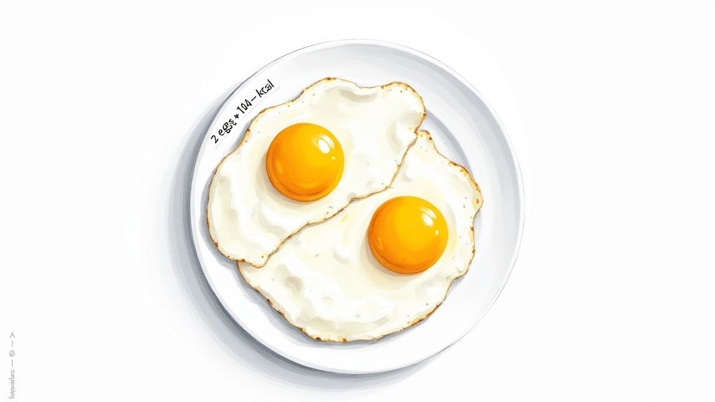 Two bright yellow sunny-side-up eggs on a white plate, labeled with 104 kcal.