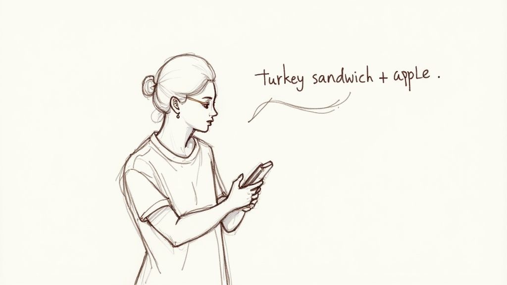 A line sketch of a woman holding a smartphone, with handwritten text 'turkey sandwich + apple' beside her.
