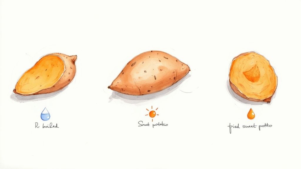 Three bowls showing sweet potatoes cooked by boiling, roasting, and frying