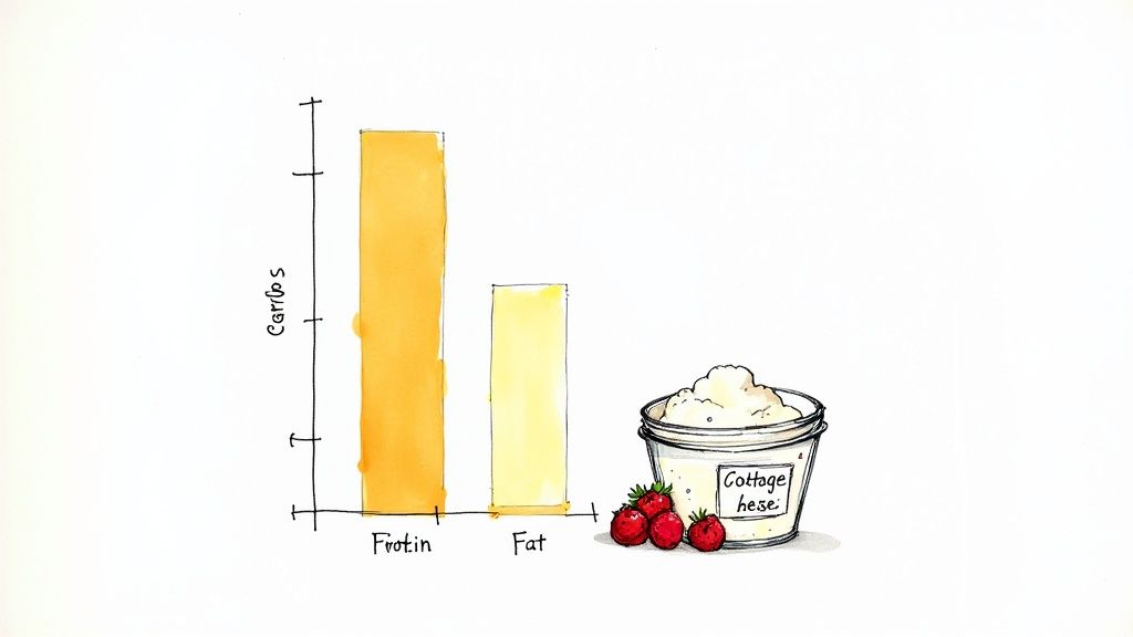 Bar chart comparing protein and fat content in cottage cheese with strawberries illustration