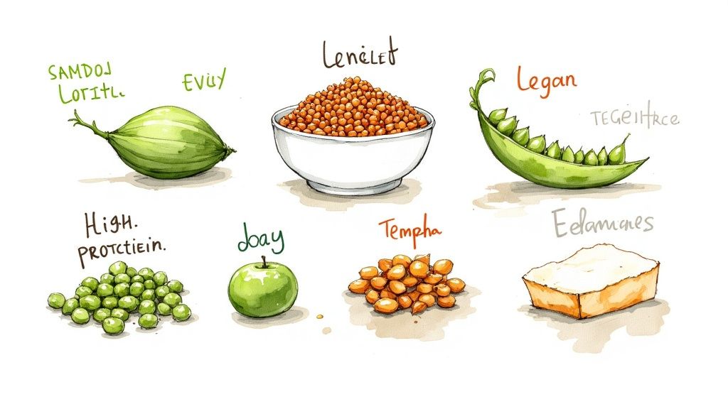 A beautiful spread of various high-protein vegan foods including lentils, chickpeas, tofu, and nuts.