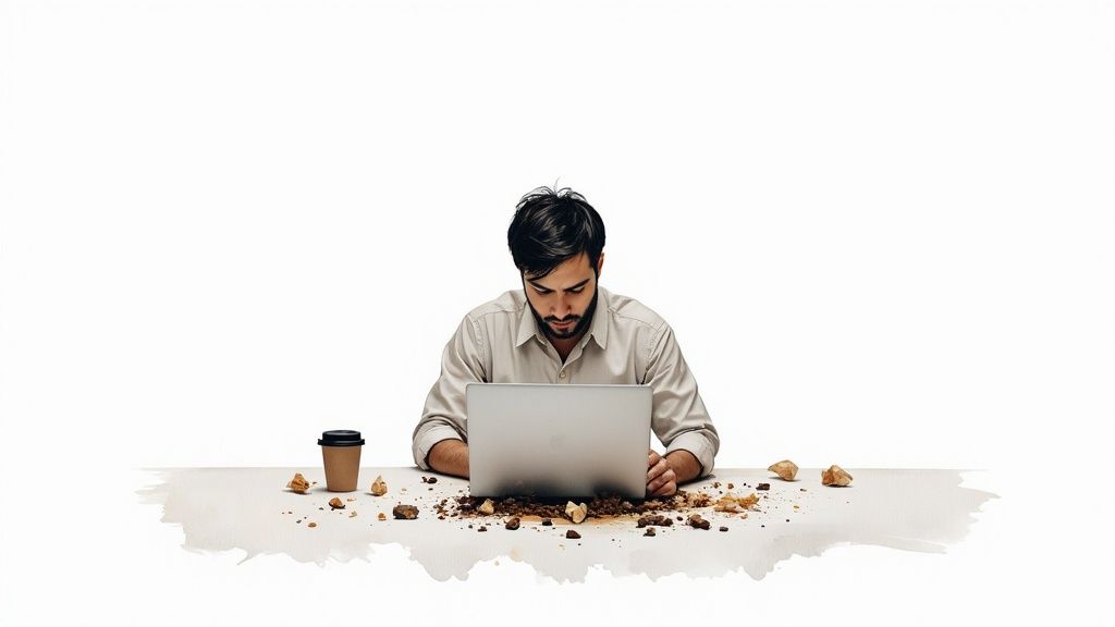 Man working intensely on laptop surrounded by coffee cup and crumpled paper showing frustration