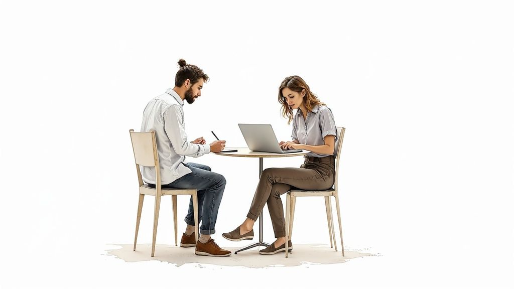 Two professionals, a man and a woman, collaborate at a table, one writing, one on a laptop.
