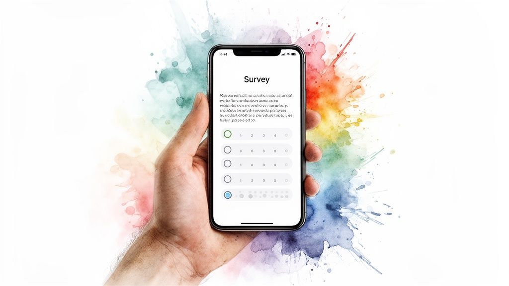 Hand holding smartphone displaying a survey form on screen, set against a colorful watercolor background.