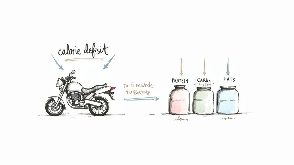 A diagram illustrating calorie deficit applied to a motorcycle, showing jars of protein, carbs, and fats.