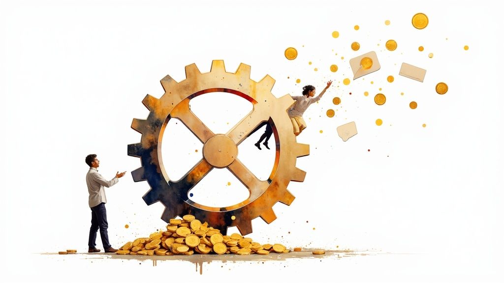 An abstract image representing an AI machine processing different data streams and outputting a single, clear insight.