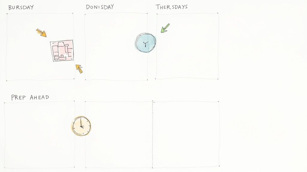 Hand-drawn weekly planner for diet consistency, showing food prep, a refrigerator, and clocks for timing meals.