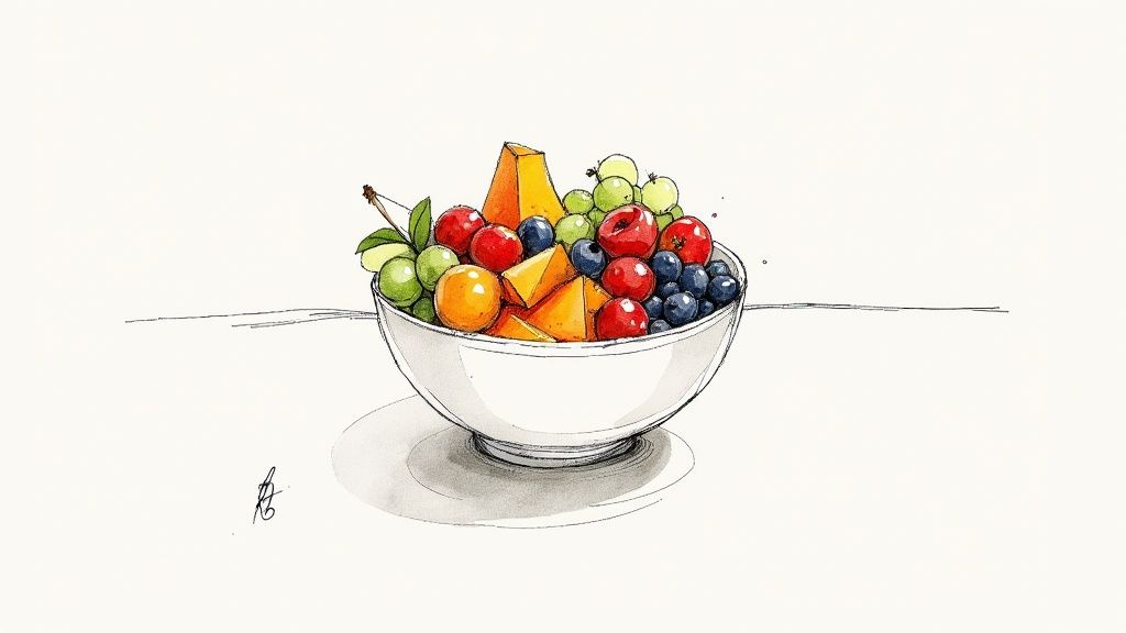 A vibrant bowl of mixed fruit including strawberries, blueberries, and kiwi, sitting on a wooden table.