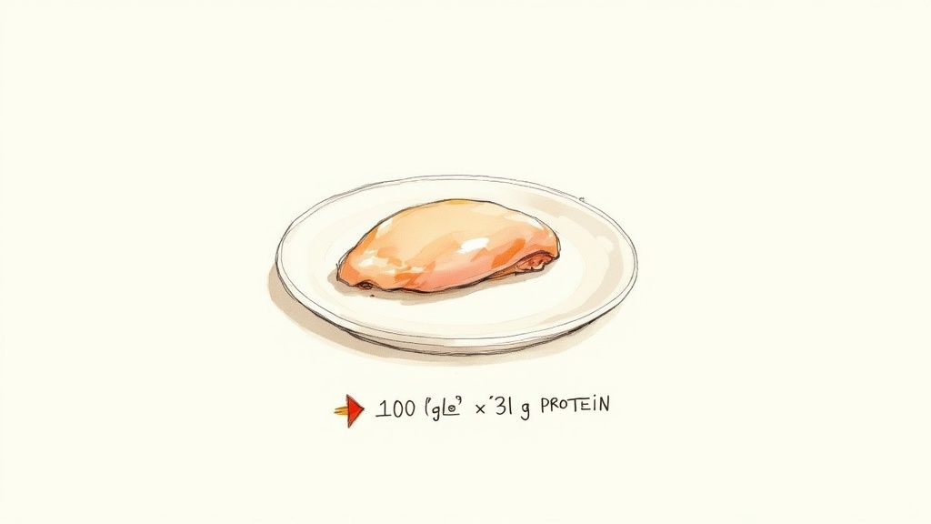 A raw chicken breast on a white plate with text indicating its protein content.