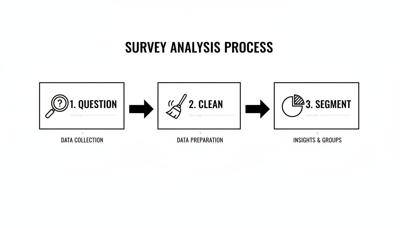 An infographic outlines a three-step survey analysis process: question, clean, and segment.