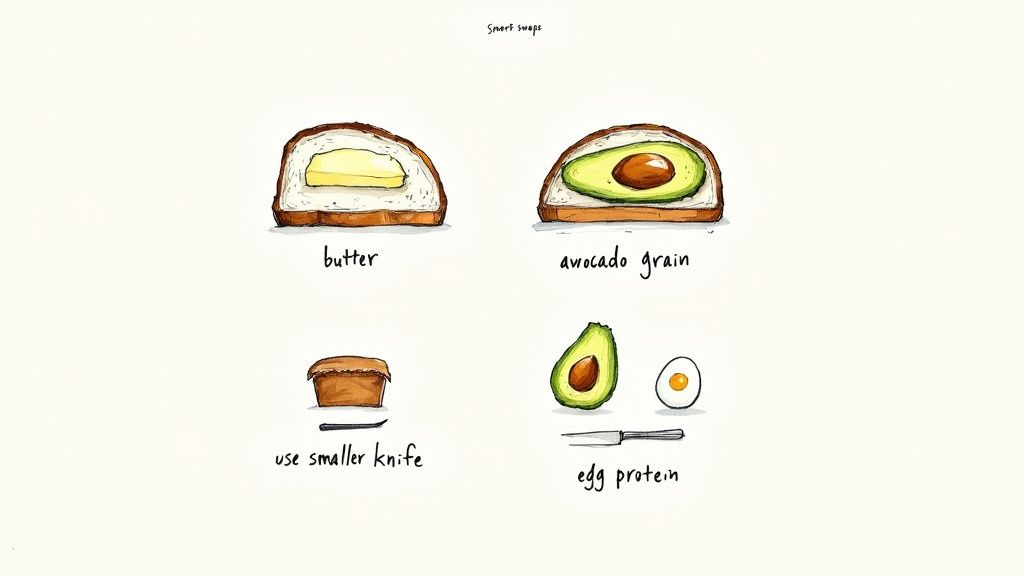 Illustrated smart food swaps: butter toast, avocado toast, a smaller knife for spreading, and avocado with egg protein.
