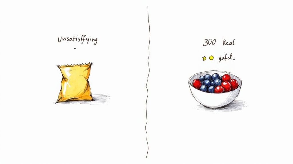 Hand-drawn image contrasting an unsatisfying chip bag with a 300 kcal bowl of colorful berries.