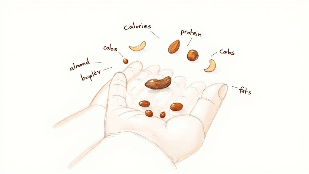 An illustration of cupped hands holding various nuts, with labels indicating their nutritional components.
