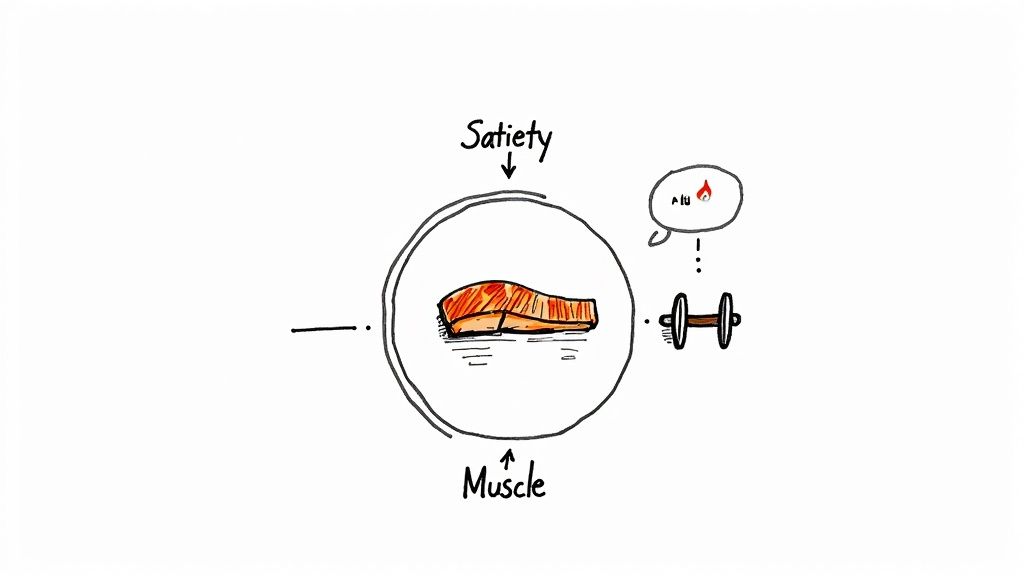 A plate of grilled salmon with asparagus and lemon.